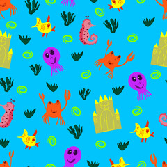 Pattern for children marine life. octopus, crab, seahorse, fish. Vector illustration