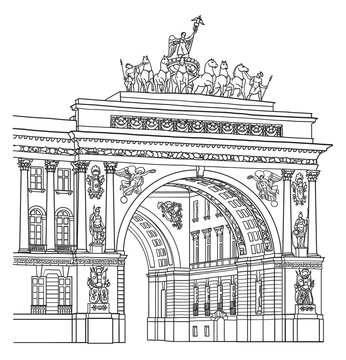 recommend clip art: General Staff Building on Palace Square in Saint Petersburg Russia, line art architecture drawing, hand drawn city illustration on white background