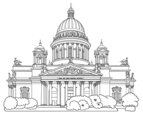 Issac cathedral in Saint Petersburg Russia, line art architecture drawing, hand drawn city scape illustration on white background