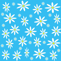 Seamless vector pattern with daisies on a blue background.