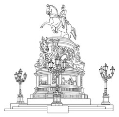 The Monument to Russian Emperor Nicholas I in Saint Petersburg Russia, line art sculpture drawing, hand drawn statue illustration on white background