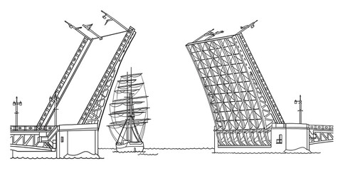 Raising Palace Bridge across Neva river in Saint Petersburg Russia, line art architecture drawing, hand drawn city scape illustration on white background