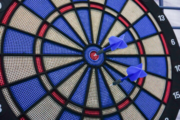 Darts is a sport in which small arrows/darts are thrown at a circular dartboard fixed to a wall. One dart succeeded to hit bulls-eye,centre of the board. The other failed. success story. Conceptual.