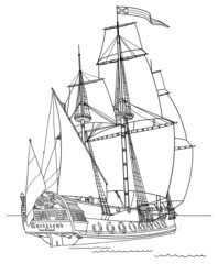 The frigate Shtandart ship line art drawing, hand drawn sailing boat illustration on white background