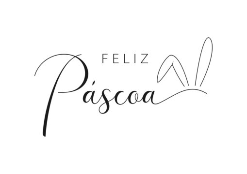 Portuguese text Feliz Páscoa. Happy Easter vector lettering with bunny ears. Isolated on white background