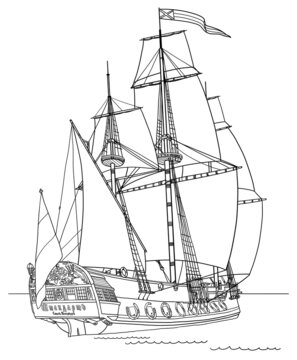 recommend clip art: The frigate Shtandart ship line art drawing, hand drawn sailing boat illustration on white background