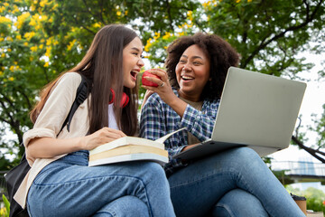 Happy smiling young diversity woman eat red apple with happy college friends in background at the summer park. Multiethnic and diversity student doing homework and submit assignments to teachers.