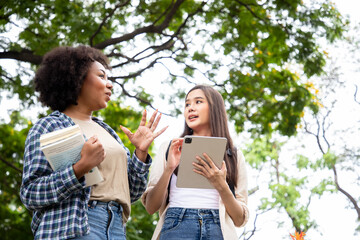 Happy smiling young diversity woman with happy college friends in background at the summer park. Multiethnic and diversity student doing homework and submit assignments to teachers. Education Concept.