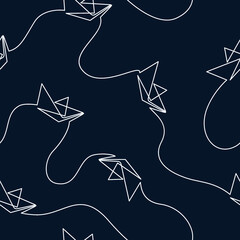 Paper boat  seamless vector pattern. Continuous line drawing of paper boat on dark background. Vector illustration. 