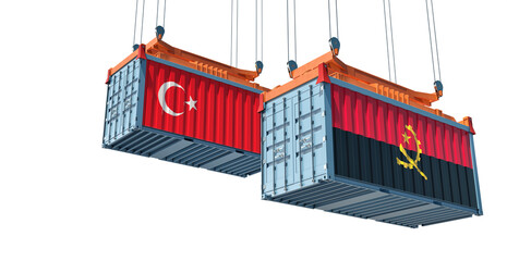 Cargo containers with Turkey and Angola national flags. 3D Rendering