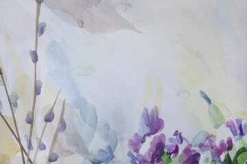 Spring flowers background. Watercolor texture wallpaper with space for text. Willow and pulmonaria artwork.