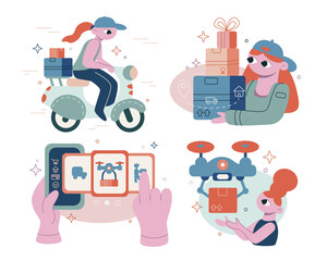 Set vector flat cartoon illustrations. Different types of home delivery. Delivery service.