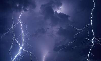 Naklejka na ściany i meble Fork lightning striking down during summer storm 