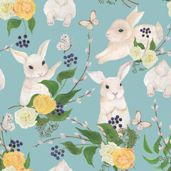 Watercolor painting seamless pattern with cute easter rabbits, butterfly and fresh spring flowers