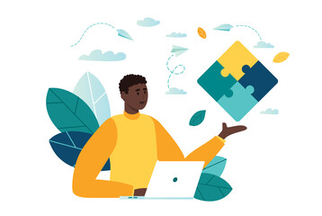 puzzle elements black man Team metaphor. people connecting puzzle elements. Vector illustration flat design style. Symbol of teamwork, cooperation, partnership vector African man Business concept.