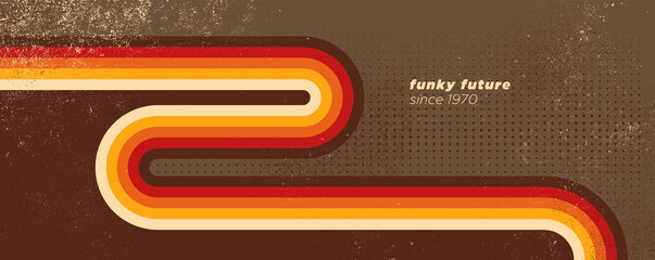 Grungy retro background in 70s style design with colorful stripes. Vector illustration. - obrazy, fototapety, plakaty