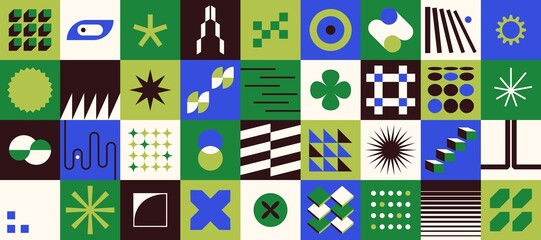 Geometric brutalist poster. Simple geometrical elements bold forms swiss bauhaus style. Vector minimal primitive figures © Studio Cantath