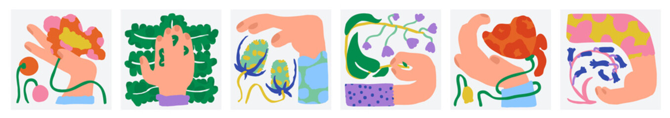 Obraz premium Set of multicolored blooming flowers in hands fit in square frames. Elegant spring bunch in paper cut cartoon style. Fresh poppy, buttercups, pines, cactus, pion, rose print for wrapping or packaging