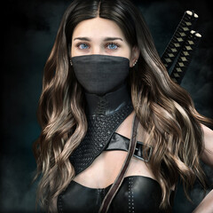 Portrait of a mysterious silent rogue assassin female piercing through the smoke . Fantasy 3d rendering