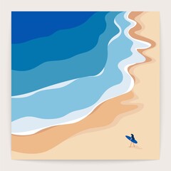 Abstract ocean landscape square poster. Sea waves top view, seaside banner, beach shore aerial scene. Vector card