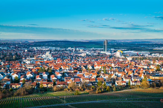 Germany, Fellbach city houses panorama view above skyline and tower of the urban area next to stuttgart at sunset