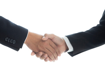 Handshake image of young businessman congratulating after successful business dew isolated on white background with clipping path