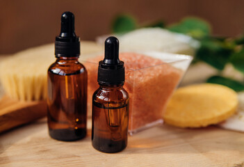Obraz na płótnie Canvas Alternative medicine.A bottle of natural organic cosmetics with oil, sea salt.
