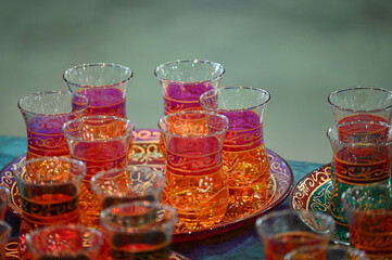 Fototapeta na wymiar Ethnic moroccan tea service with glasses and tray