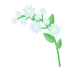 Vector blue flowers, Branch of a plant, blue flowers with a yellow center. Preliminary illustration in simple flat cartoon style. Pastel colors Green, blue, yellow color isolated on white background