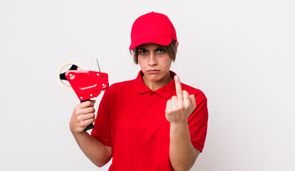 pretty hispanic woman feeling angry, annoyed, rebellious and aggressive. packer concept