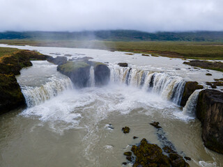 Beautifulaerial view of the massive Godafoss waterfall in Iceland, la waterfall of the gods -Goðafoss