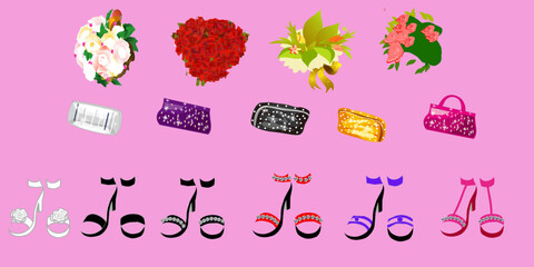 Women shoes realistic set  Vector  .Floral design wedding VECTOR.Luxury handbags set. stylish bags, clutches and purses with handles and shoulder straps