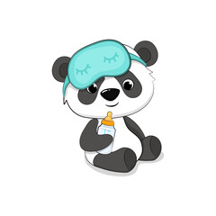 Сute cartoon baby panda with a bottle of baby food. Panda and a sleep mask.Vector illustration