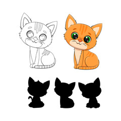 Cute cartoon kitten, coloring page for kids. Find a shadow. Vector black line illustration.