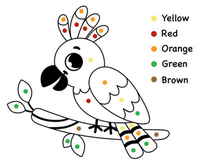 Painting activity for children. Coloring page in parrot character theme. Vector illustration.