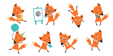 cute red triangular foxes, set in different poses, vector - 494261771