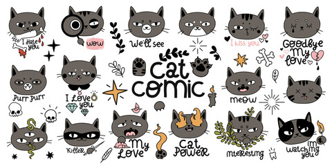 set of gray cats comic, cute faces good and bad, hand drawing, vector art - 494261772