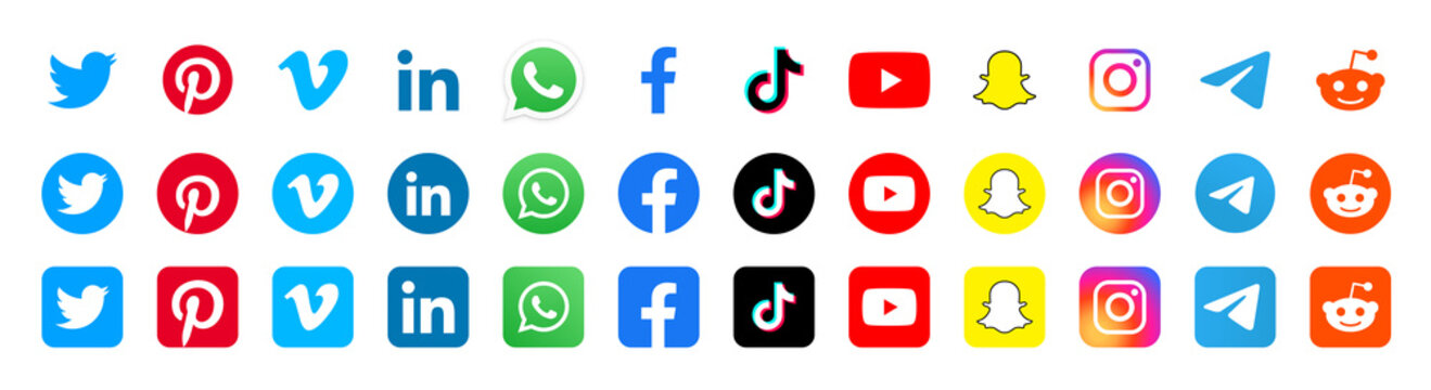 Facebook, twitter, instagram, youtube, snapchat, pinterest, whatsapp, linkedin, vimeo, tiktok - Collection of popular social media logo. Social media icons. Editorial vector