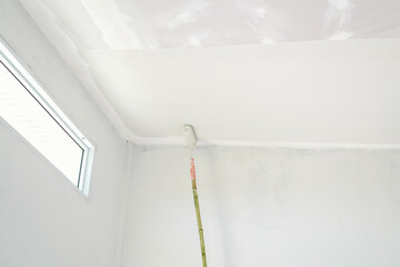Painting of ceiling in a white color by the roller brush.