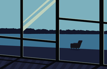 Minimalist city illustration, Dnipro river. Desktop background, wallpaper. Blue colors