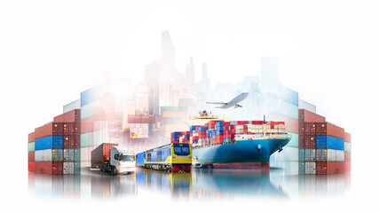 Global logistics transportation import export of containers cargo ship, freight train and airplane with red container truck at port shipping dock yard on city white background with copy space - obrazy, fototapety, plakaty