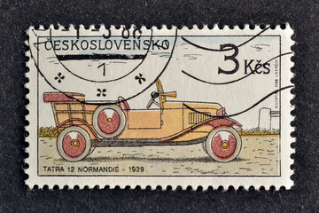 Cancelled postage stamp printed by Czechoslovakia, that shows Tatra 12 Normandie, 1929, circa 1988.