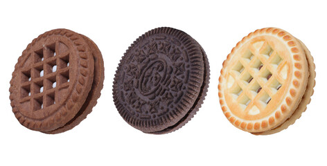 Different types of sandwich cookies on an isolated white background. Chocolate, vanilla cookies with filling
