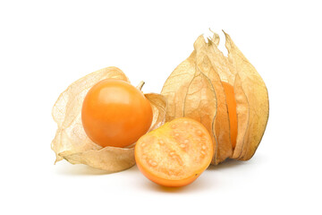 Cape gooseberry (physalis) with cut in half isolated on white background.
