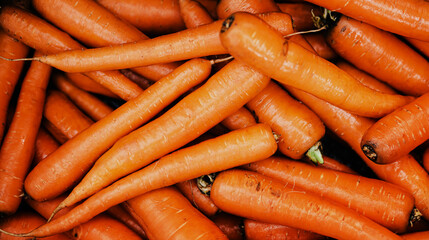 A lot of washed ripe bright orange carrots in the grocery store. A rich harvest of delicious...