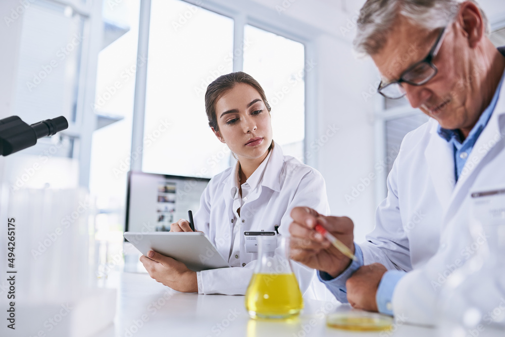 Aufkleber Their findings will pave the way for new breakthroughs. Shot of two scientists working in a lab.