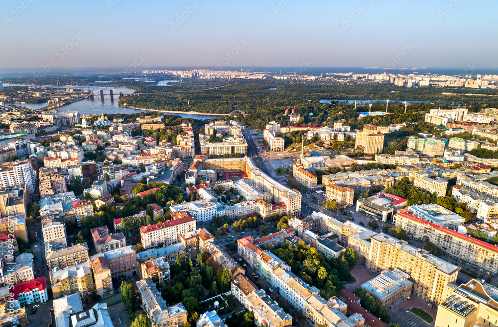 Poster aerial view of khreshchatyk and maidan nezalezhnosti in kiev, ukraine, before the war with russia