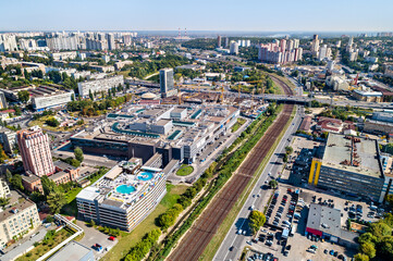 Aerial view of a shopping mall at Lybidska station in Kyiv, the capital of Ukraine, before the war with Russia