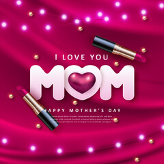 Happy mother's day 3D purple red pink love heart strip light golden pearl and realistic cosmetic lipstick with satin curtain