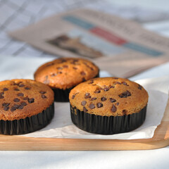 Group of banana muffins on the table, Homemade banana cupcakes, Homemade bakery